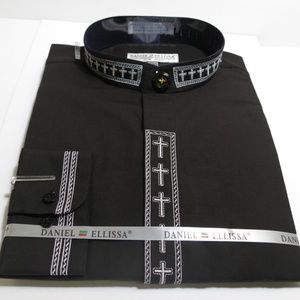Daniel Ellissa Men's White Clergy Shirt - Gold Cross Embroidery, Convertible Cuffs, 65% Polyester 35% Cotton